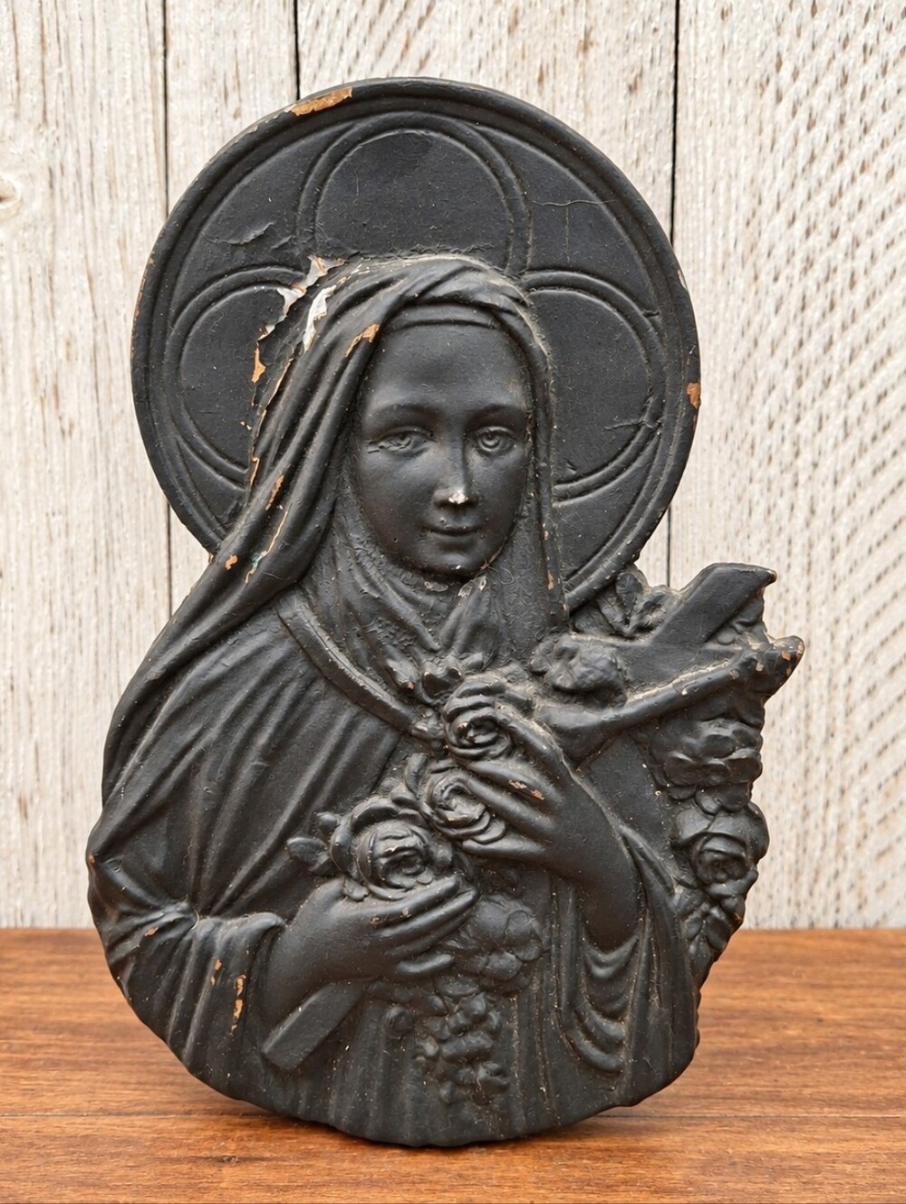 Vintage St Therese of Lisieux Wall Plaque Little Flower Roses Crucifix Catholic